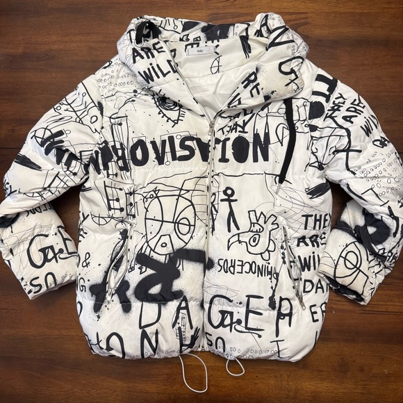 Adika Jackets & Blazers - Adika Women’s Graffiti Print Puffer Jacket - White & Black XS